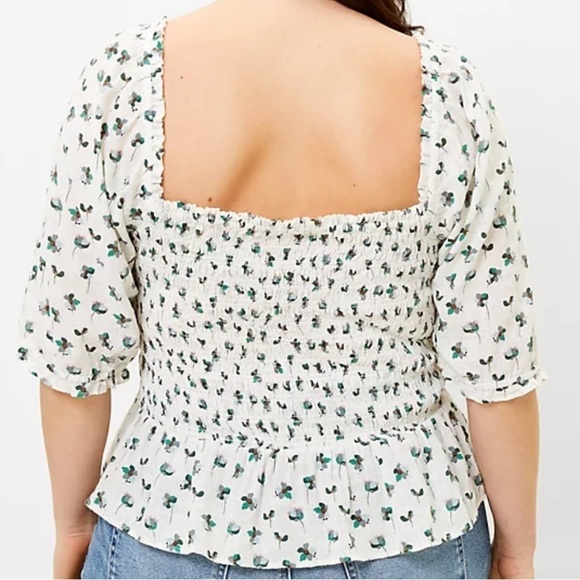 LOFT smocked‎ peplum puff sleeves white green floral top Sz L - Picture 10 of 10